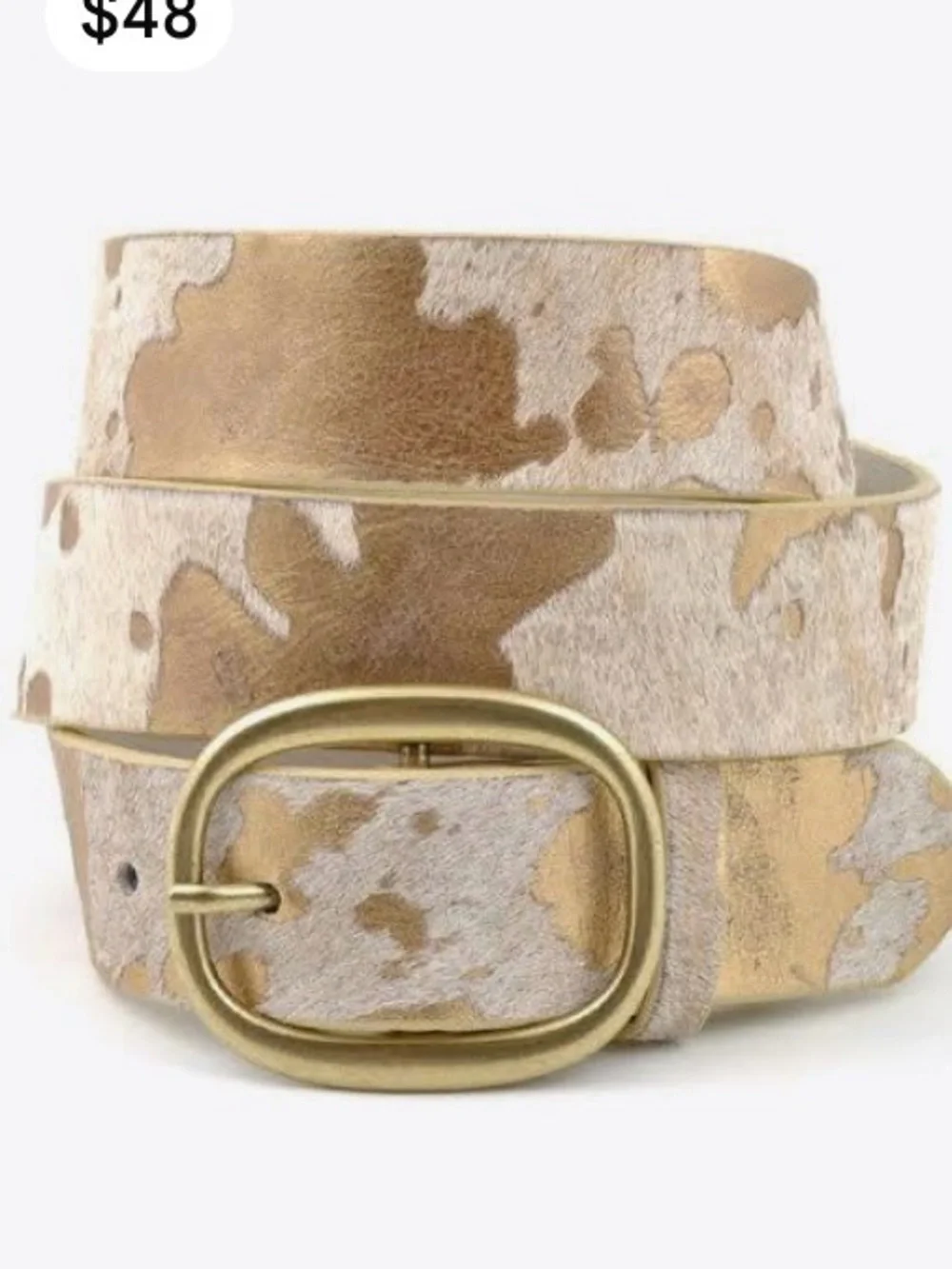 Neutral Gold Accent Cowhide Leather Fur Belt with Antiqued Brass Buckle